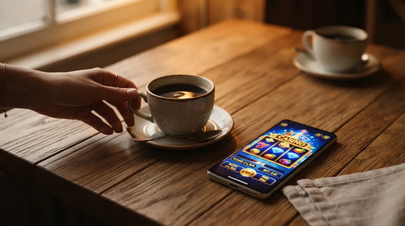 Hände greifen entspannt nach einer Tasse Kaffee neben einem Smartphone auf einem Holztisch am frühen Abend.
